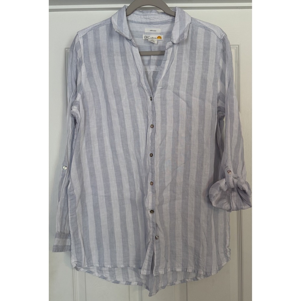 C&C California 100% Linen Tunic Top L Coastal Stripe Blue/White Lagenlook Beachy